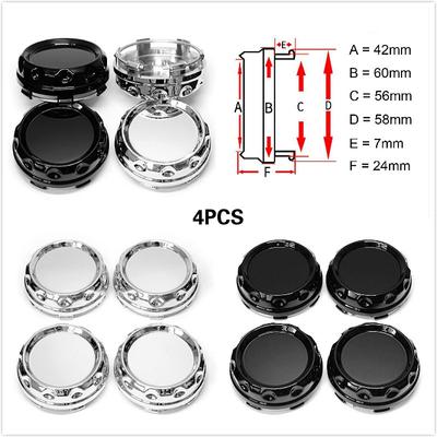 4Pcs 60mm Schwarz Silber Chrom ABS Auto Auto Rad Center Hub Caps Abdeckung Radkappe Automobil Felge Hub Staub-beweis Dekoration Abzeichen