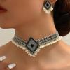 Necklace For Vintage Earrings Choker Women Geometric Crystal Jewelry Sets Simulated Pearl Beads Accessories