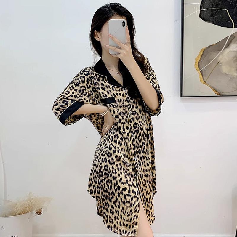 Noční košile Dámské letní leopardí tisk volné plus velikosti košile šaty sexy pyžamo domácí oblečení