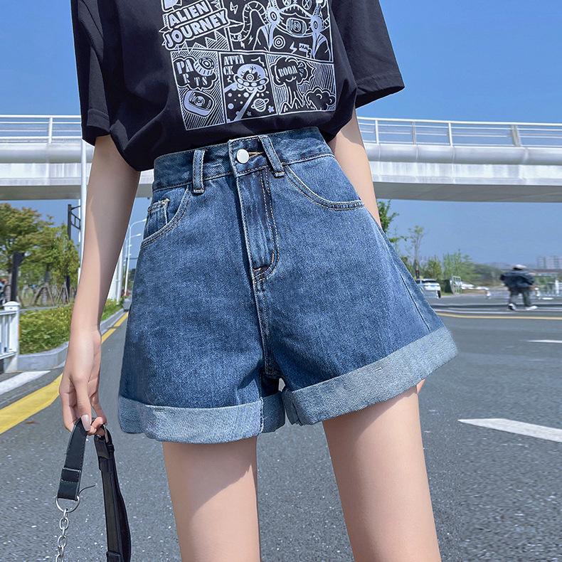 Women's Korean Style High Waist Loose Denim Shorts - Versatile Wide Leg Casual Fit with Rolled Hem