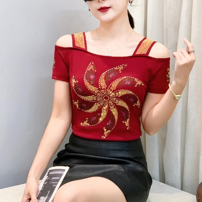 TrendHub Sexy Off Shoulder T Shirt for Women Luxury Flower Diamonds Short Sleeve Tee Summer Fashion Womens Mesh Tee Shirts Top