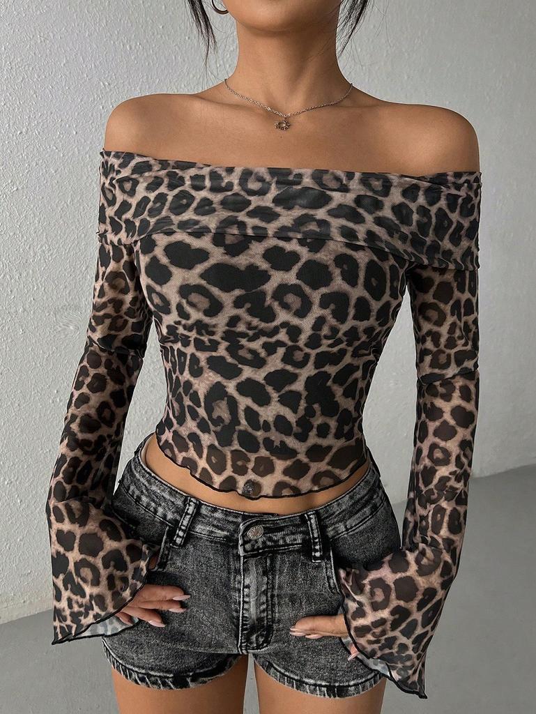Import and Export, Women's Clothing, Fashion Sexy Spice Girls Europe and America One Shoulder Long Sleeve T-Shirt Women's Leopard Print Top
