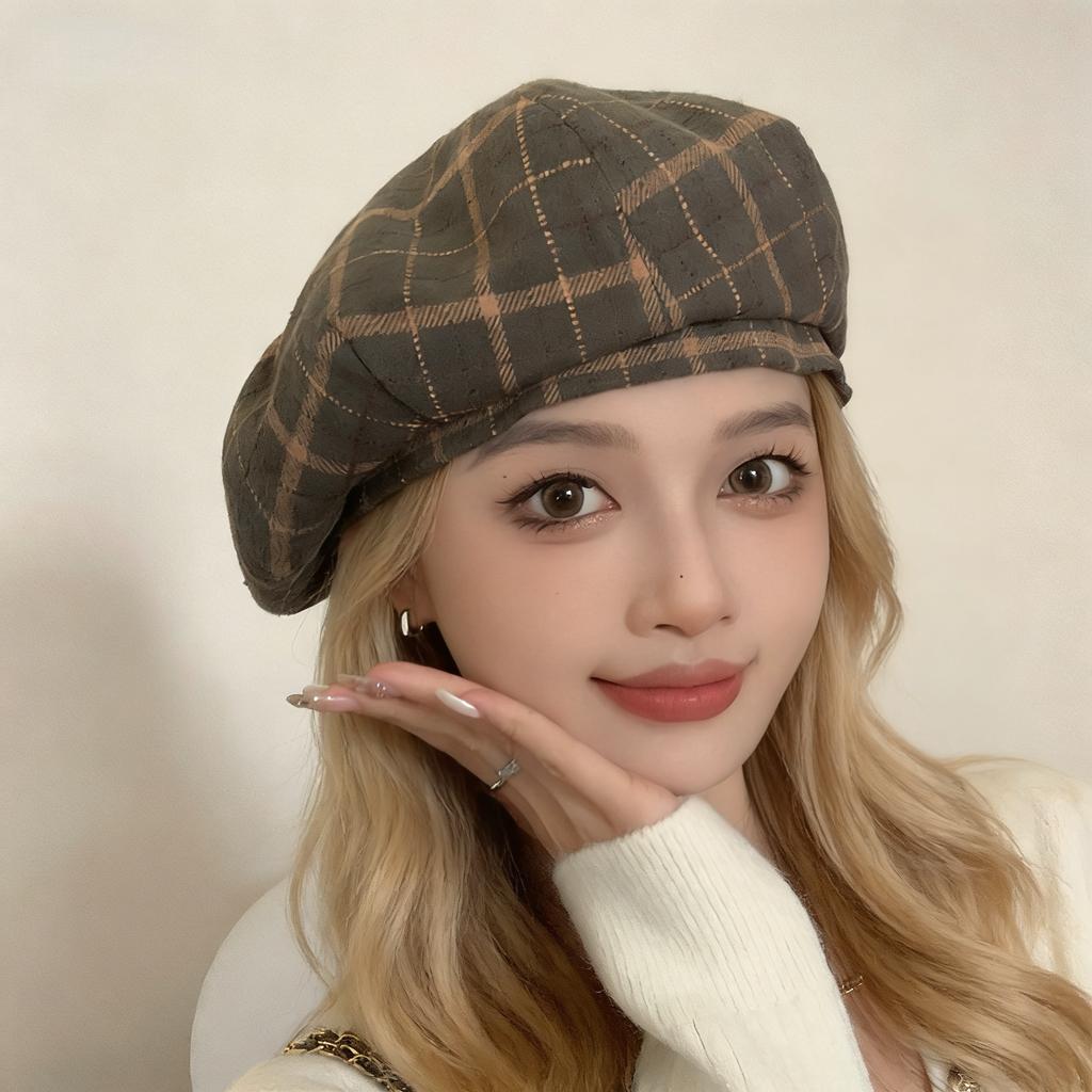 French Style Vintage Plaid Beret Hat For Women British Retro Wool Blend Artist Hat For Autumn Winter Daily Street Wear
