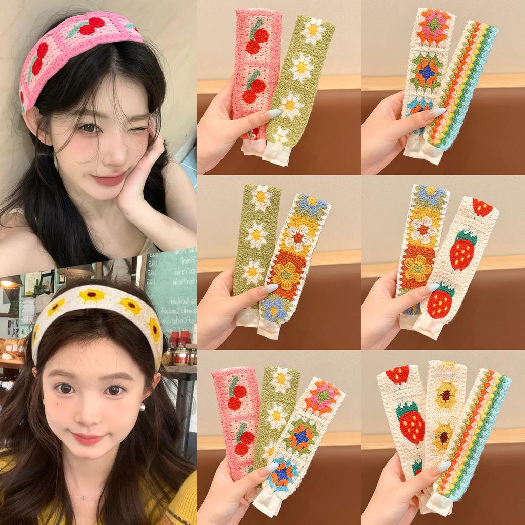 Kids Pastoral Style Floral Knitting Bangs Hairband Girl Broken Hair Finishing Hairband Sweet Headband Face Wash Hairpin