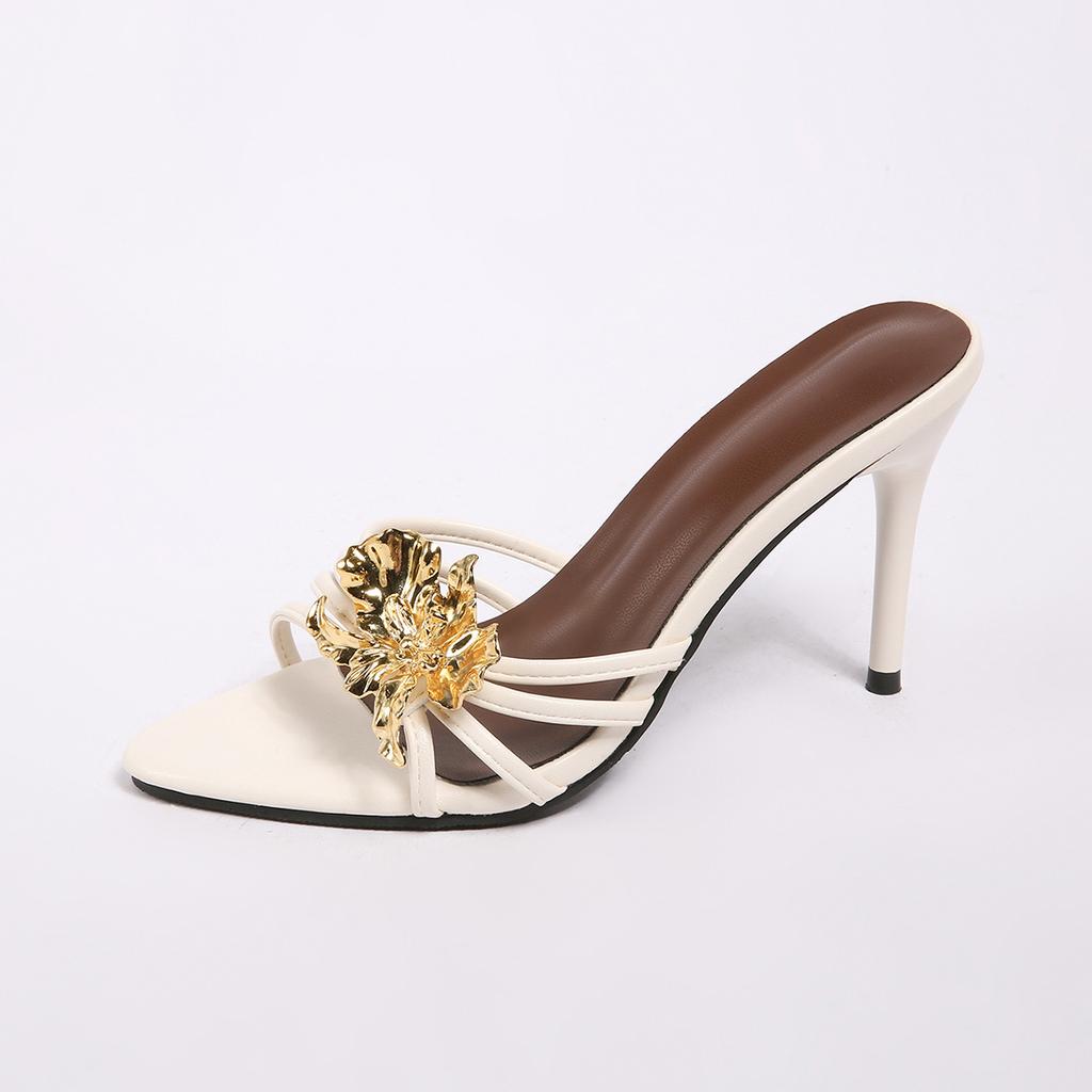 Women's High Heels Summer Slippers Women Sandals Metal Flowers Pointy Open Toe Stiletto Heels Sexy 2026 High-heeled Slippers