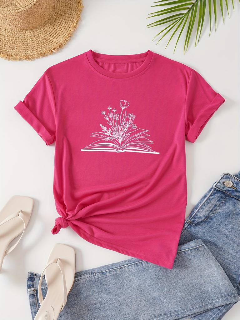 Book  Floral Print Crew NeckCasual Short Sleeve T-Shirt For Spring Fashion Harajuku Kawaii T-shirt Women's Y2K Clothing