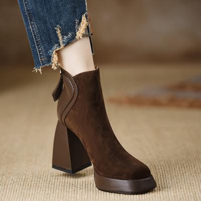 New Thick Heel Boots Waterproof Table 2025 Round Head High Heel Short Boots Brown