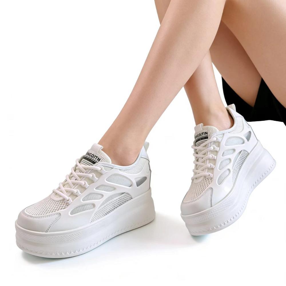 9cm Height Increasing Shoes Women Platform Sneakers Genuine Leather White Shoes Breathable Mesh Ladies Casual Shoes