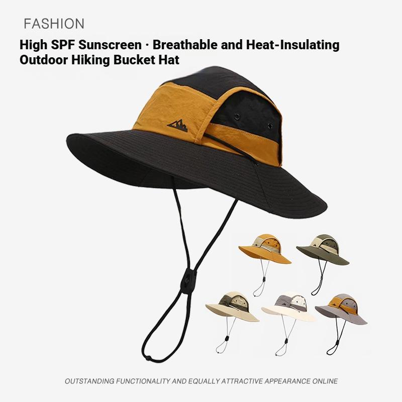 Outdoor Wide Brim Sun Hat for Women Men Summer Quick Dry Breathable Bucket Hat Hiking Fishing Cap Color-block Adjustable Strap
