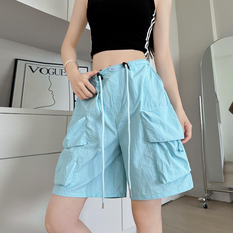 

Женские шорты карго с большим карманом, летние тонкие, с высокой посадкой и широкими штанинами, спортивные быстросохнущие брюки длиной пять четвертей XL синий