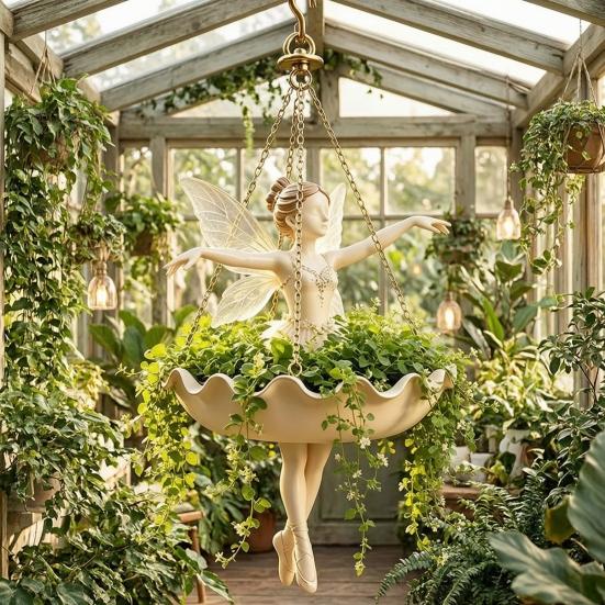 Housewarming Gift for Gardeners Fairy Ballet Dancer Mermaid Hanging Planter, Resin Decorative Flower Pot with Metal Chain, Balcony Outdoor Indoor