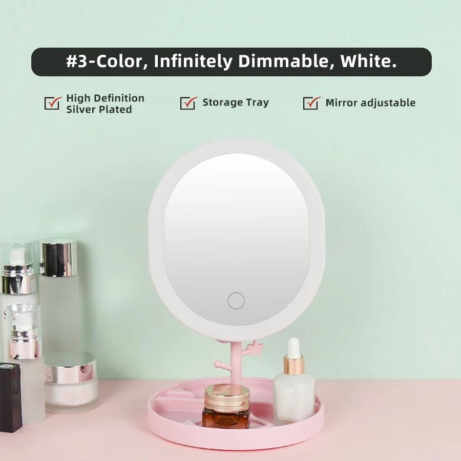 

1 шт.-светодиодное настольное ночное зеркало для макияжа, настольное вращающееся на 360 градусов зеркало для хранения, сенсорное зеркало для макияжа 1PC розовый