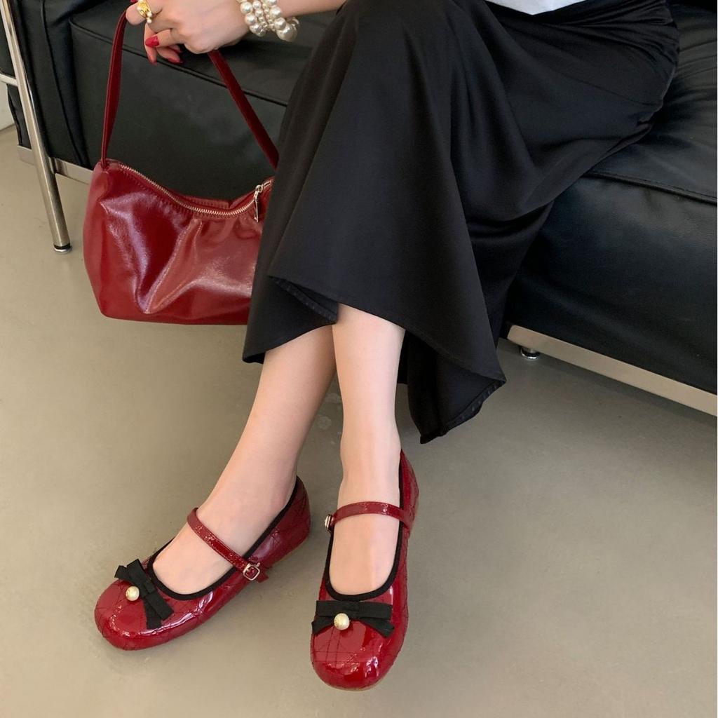 High-heeled Mary Jane Shoes Women's 2025 New Niche Design Sense Late Evening Wind Rhombus Bow Round Head Thick Heel Single Shoes