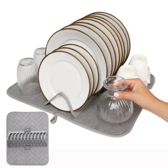 Foldable Dish Drying Mat Super Absorbent Microfiber Drain Pad Stackable Shelf Design Non-Slip Kitchen Counter Organizer for Drainage Storage
