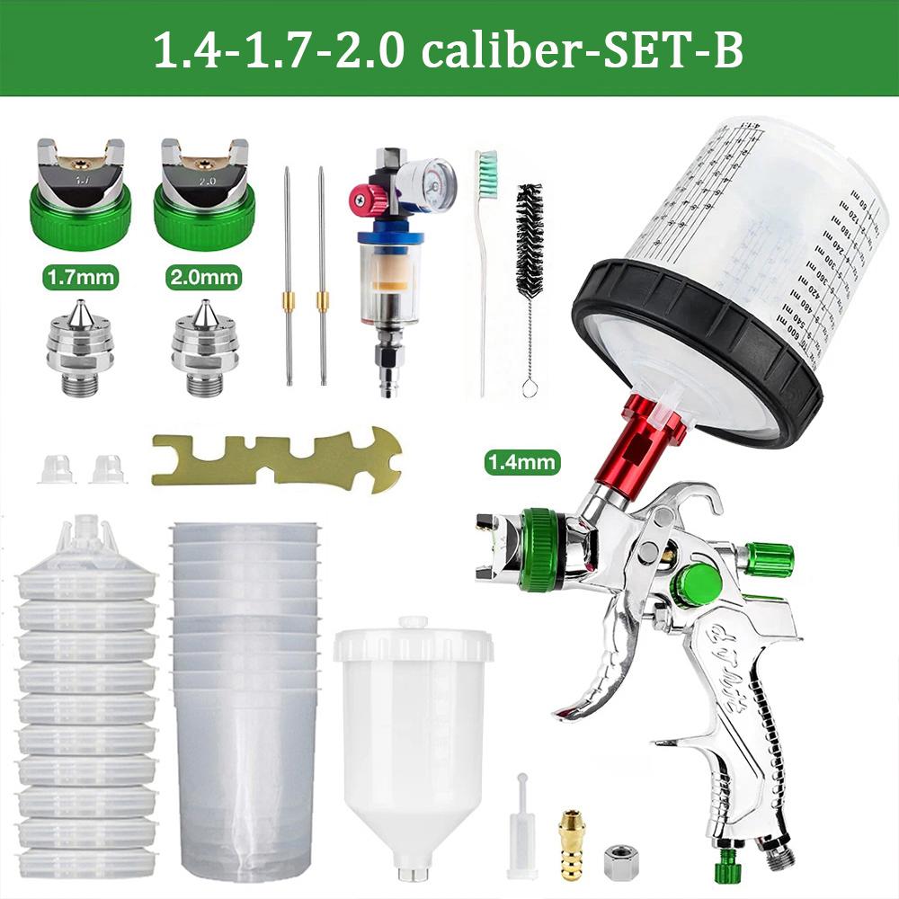 HVLP Spray Gun 1.4+1.7+2.0mm Nozzle Kit with Air Regulator Filters +10PCS No-clean Paint Mixing Cups High Quality Spray Gun