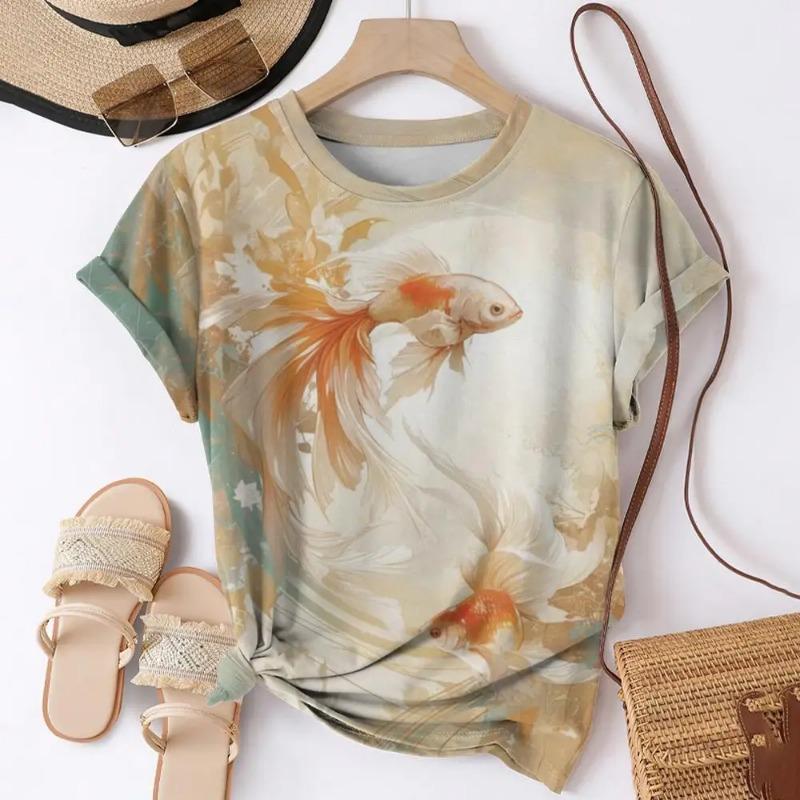 

Футболки с 3D-принтом «Рыба кои» для женщин, уличная одежда, повседневная мода, Harajuku Y2k, футболка с коротким рукавом, футболки с круглым вырезом, топы, одежда M