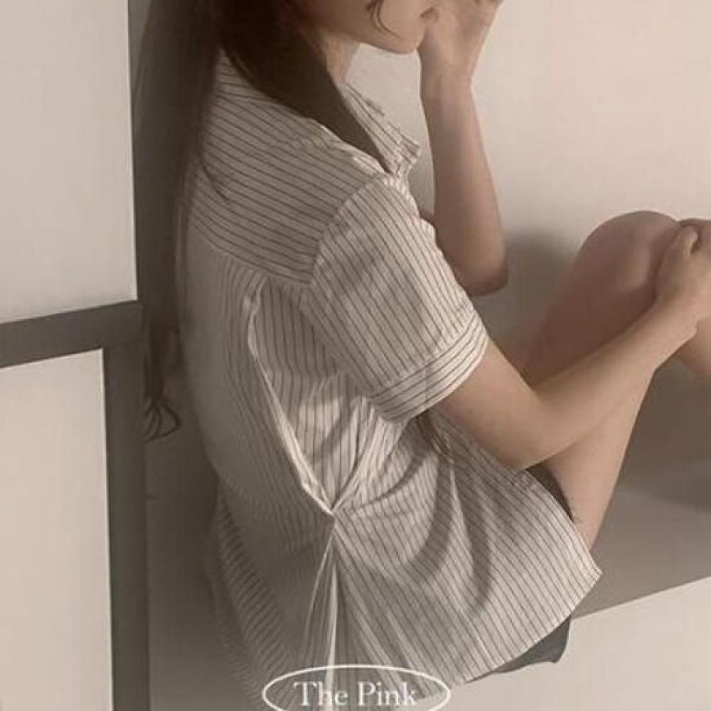 The Pink Loose Fit Stripe Button Short Sleeve Shirt