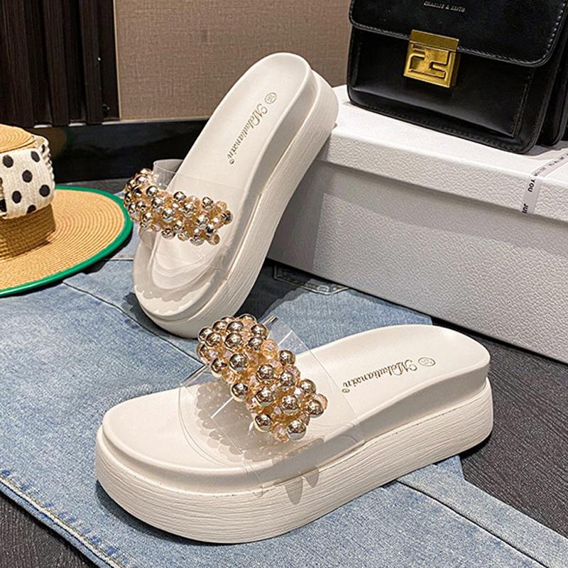 

Fashion Clear PVC Band Women Gold Beaded Sandals Platform Transparent Shoes Ladies Babouche Antiskid Slipper Femme Pantuflas Home Slides 33 абрикосовый