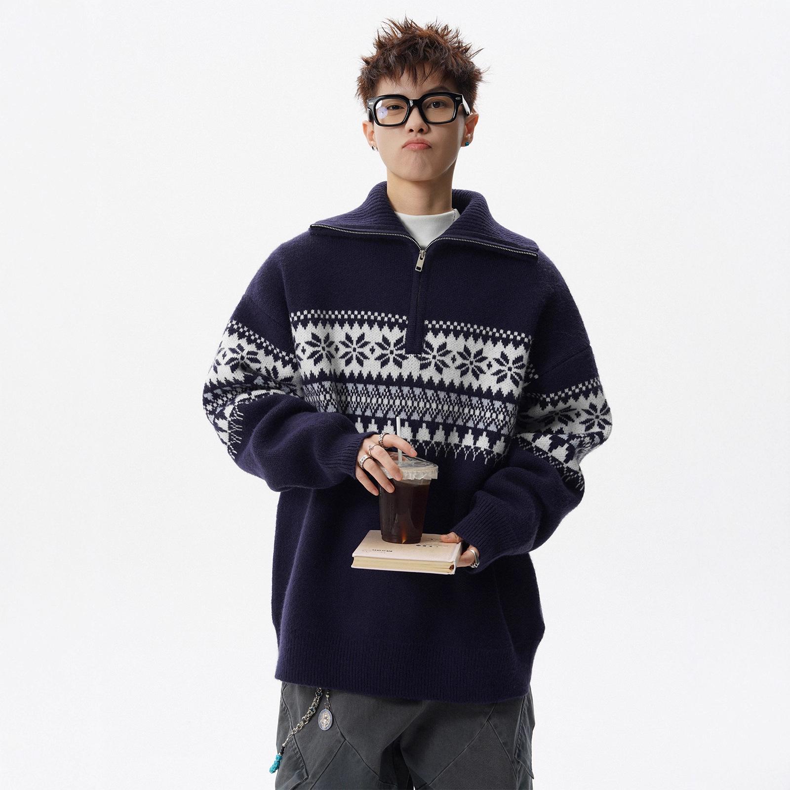 Men s Retro Beige Jacquard Knit Sweater - Winter High-Neck Color Block Half-Zip L