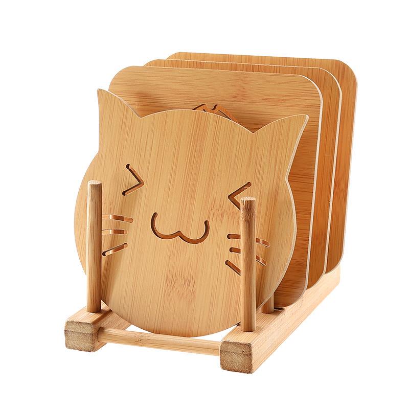 Household kitchen wooden insulation mat, square, cartoon, animal shaped dining table mat, thick, heat-resistant, hollow, non slip coaster