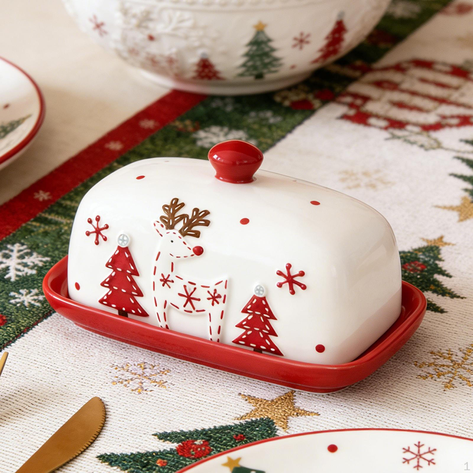 

Christmas Butter Dish Appetizer Tray Sturdy Ceramic with Lid Compact Holder for Household