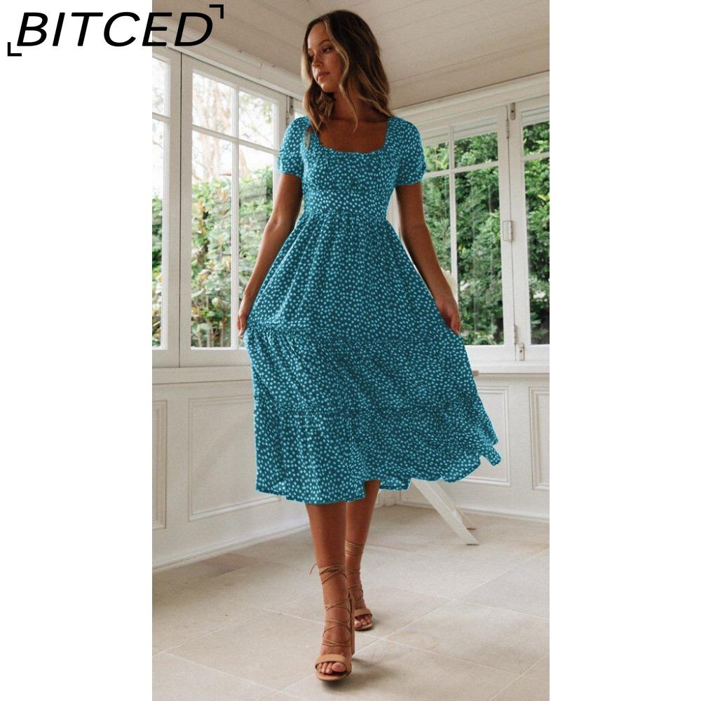 BITCED Summer Love Polka Dot Dress Women Casual A-Line Short Sleeve Square Collar Ruffle Midi Dress Chiffon Red Black Blue Green