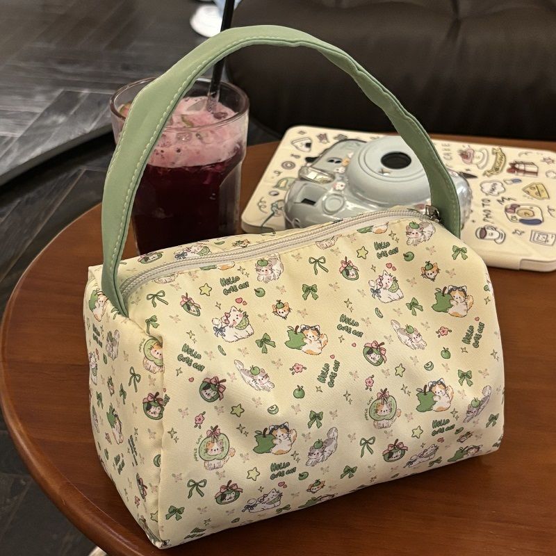 

Green apple kitten summer cute large capacity cosmetic bag portable high value storage handbag versatile toilet bag 19inch