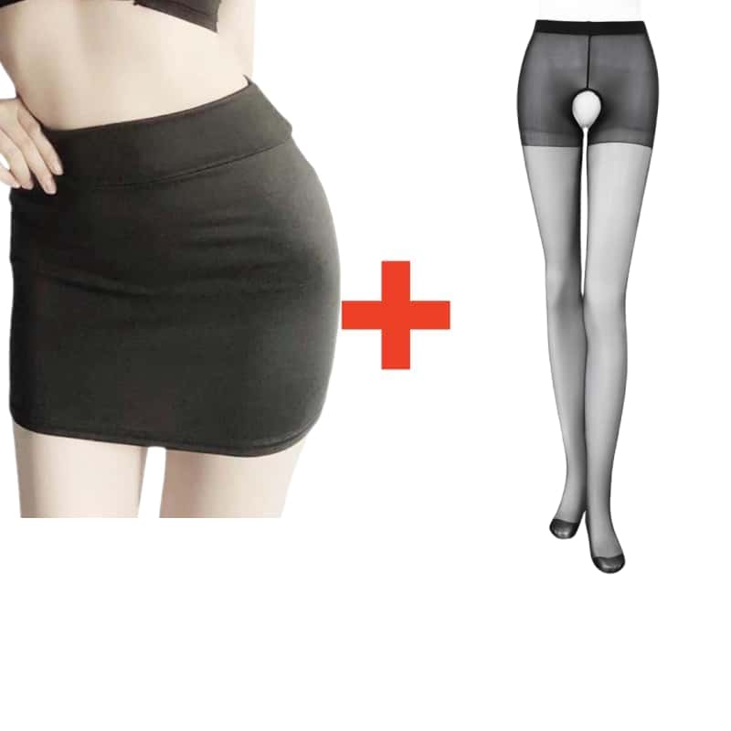 2PCS/SET Women High Waist Pencil Mini Skirts+Stockings Dress Set,Sexy Casual Wrap Hips Black Short Skirt and Pantyhose