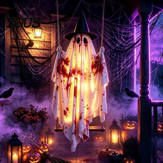 Charming Knitted Fabric Ghost Hanging Swing Halloween Decoration, Spooky Light Up Large Swinging Glowing Figure with Blood for Porch Yard Tree Holiday