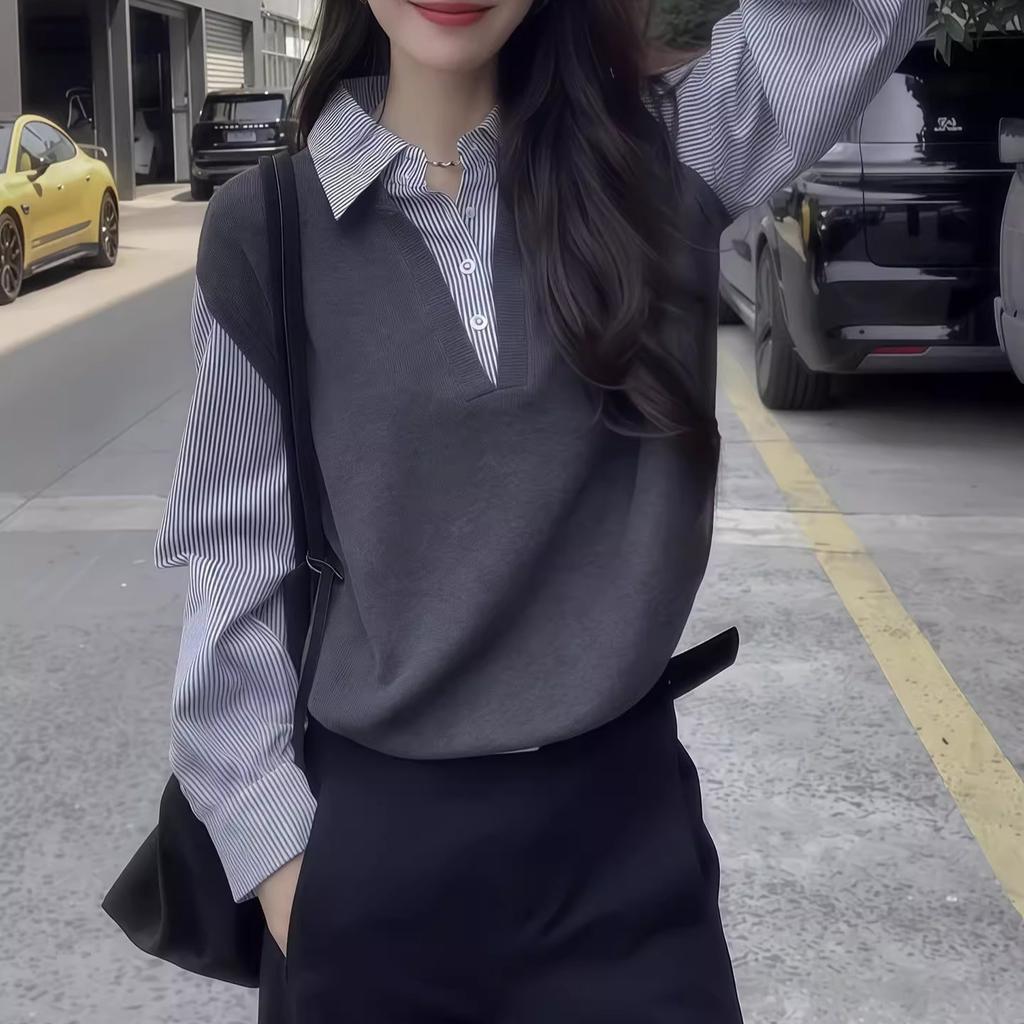 Andy velvet washing water, autumn new fake two-piece Polo collar shirt, high-end temperament, casual and versatile woman