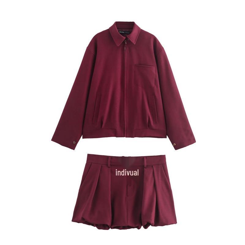 

European & American High-Street Style Zip Jacket with Lantern Mini Skirt Set XS