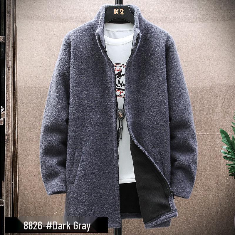 Men's Fleece-Lined Mid-Length Knit Cardigan - Thick and Warm for Autumn/Winter