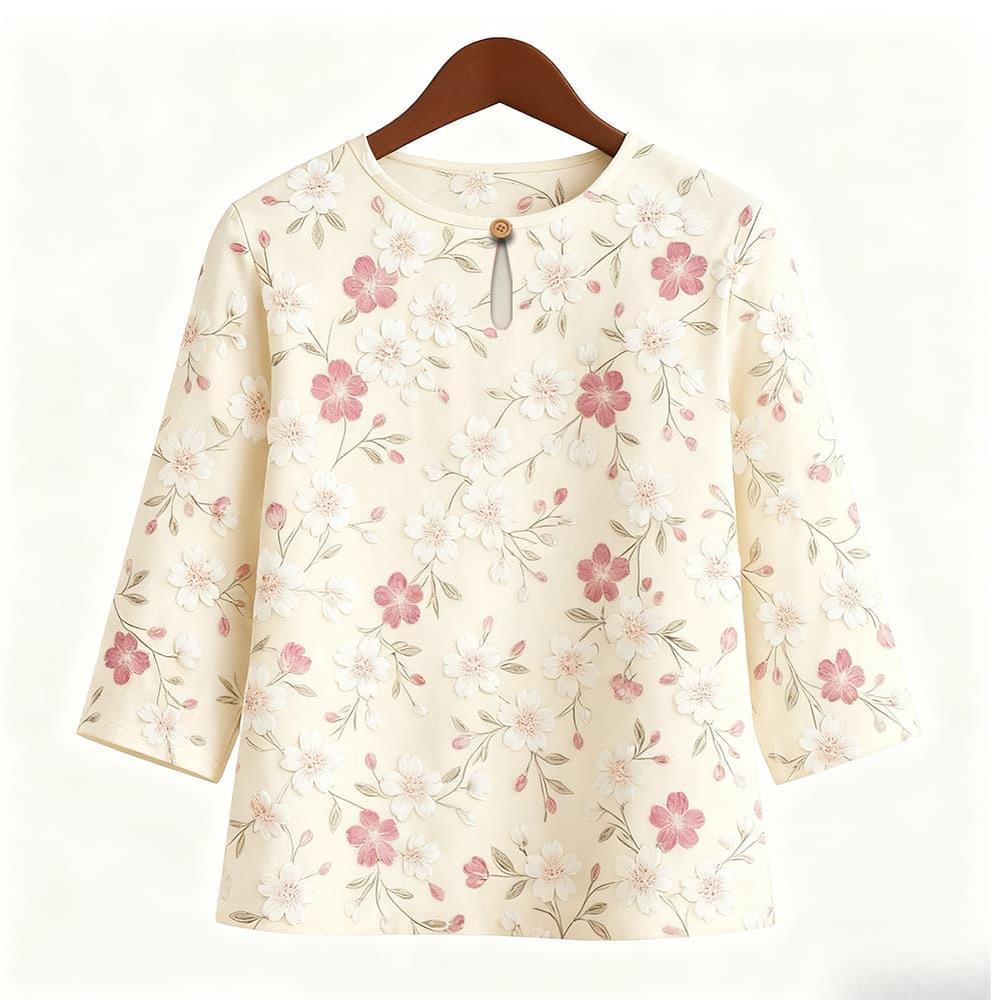 Casual Blouse, Vintage Style, For Women, Floral Print, O Neck, Three Tribal Sleeves, Elegant Loose Top, Made of Elastic Hem