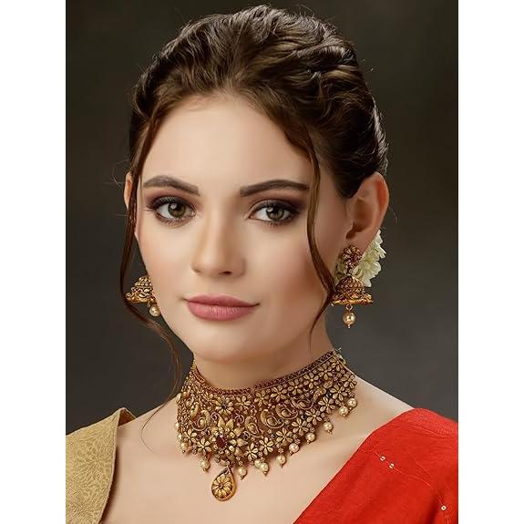 Fashion Latest Stylish Design Fancy Pearl Choker Traditional Temple Necklace Jewellery Set for Women