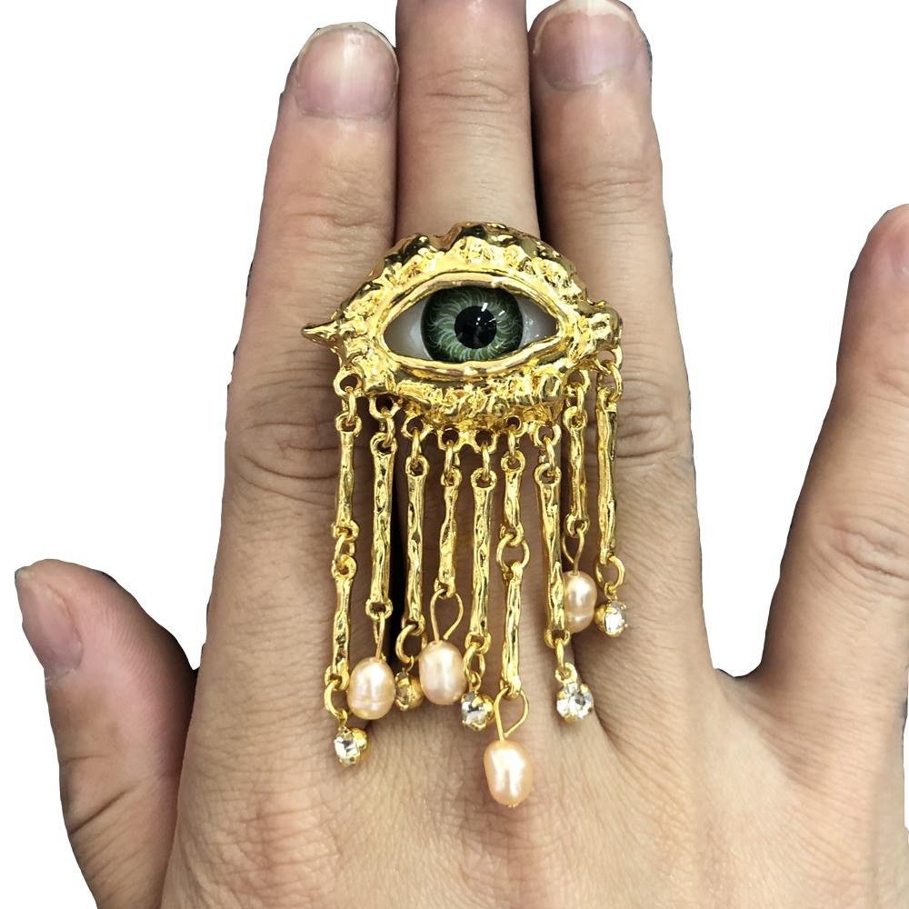 

Women Vintage Eyes of Demon Ring Exaggerated Trendy Style Imitated Pearl Girls Devil s Eye Delicate Tassels Rings Jewelry Gifts adjustable ring