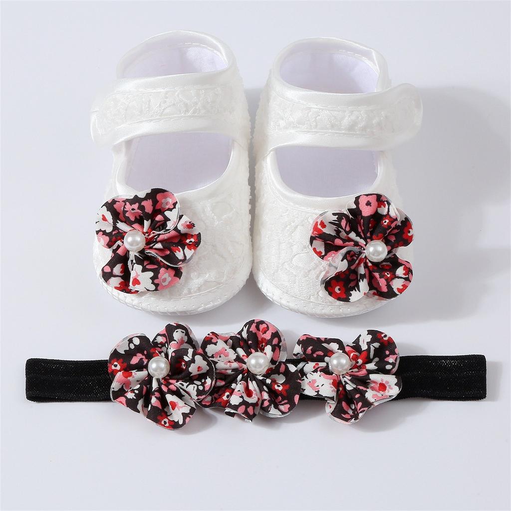 Baby-Set mit Blumenperlenschleife, Stickerei und Klebepunkten für Kleinkinder, Schuhe und Haarband