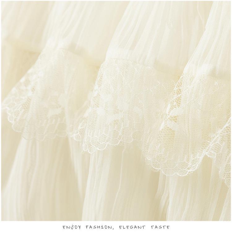 2025 Summer Women's Gentle Style Lace Trim Elastic Waist A-Line Midi Skirt