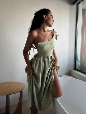 Solid Backless Beach Sling Dresses Women  Summer Vintage V-neck Sleeveless Loose A-line Dress EMA
