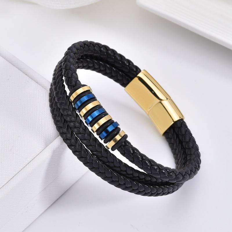 Hot Selling Gold-plated Stainless Steel Black Leather Bracelet, Hand Woven Magnetic Buckle, Men's Multi-layer Leather Bracelet