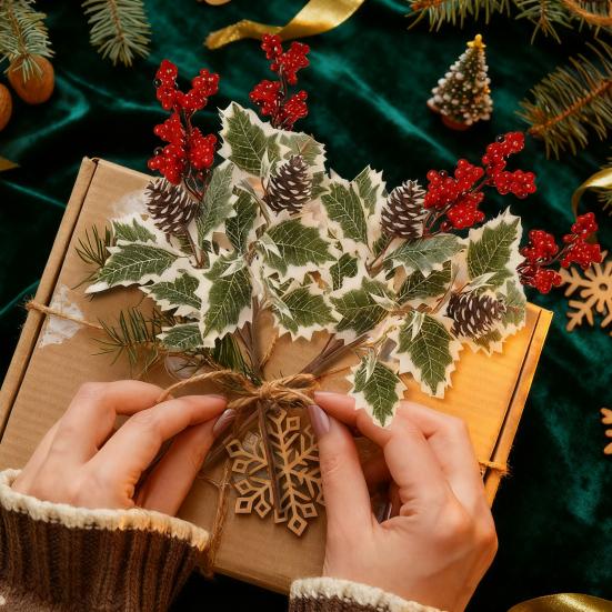 6Pcs Artificial Plants with Holly Berries Pine Cones Faux Greenery Branch Fake Red Berries Green Plants Stems Christmas Holiday Party Decoration