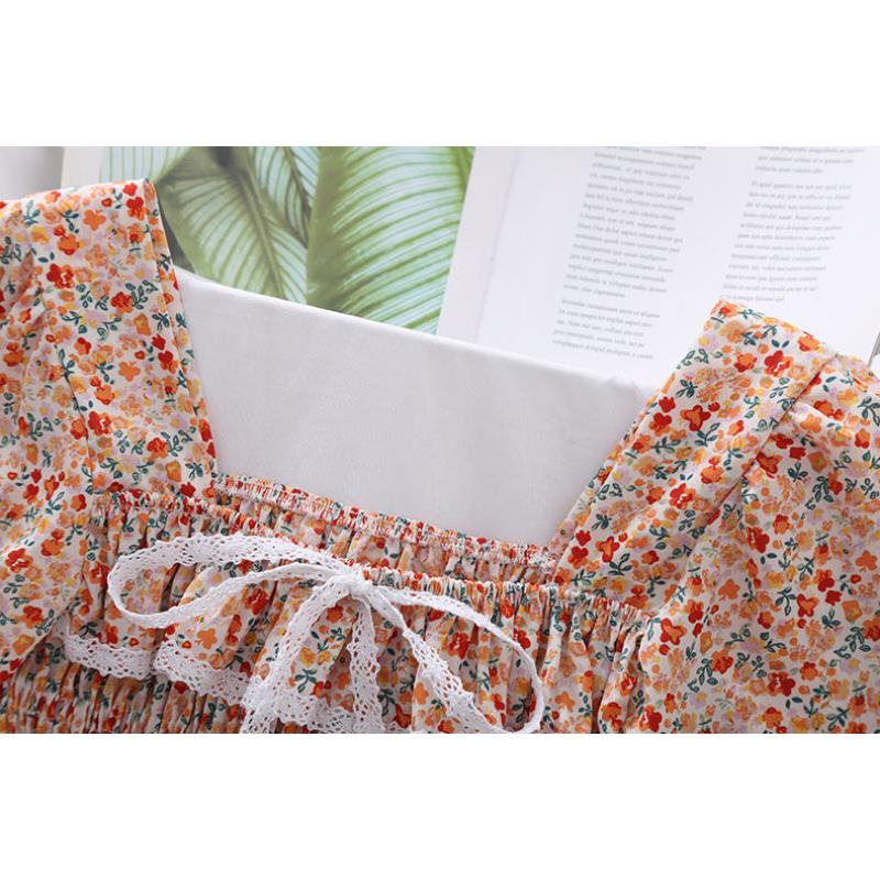 Broken Flower Sweet Puff Sleeve Women Blouse Slim Elastic Waist Square Neck Short Sleeve Top Lace Bow Decoration Fairy Casual