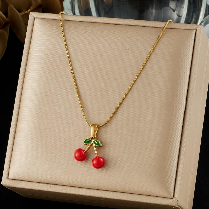 Set de Joyería de Cereza de Acero Inoxidable Chapado en Oro (Collar y Pendientes de Aro) para Mujer, Colgante de Fruta Esmaltada
