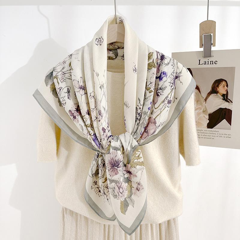 Fresh Summer Fashion and High-end Temperament Herringbone Square Scarf for Women Fashion Temperament Floral Printed Silk Scarf