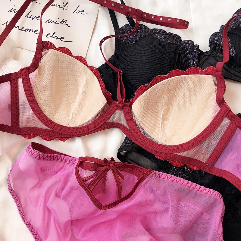 French Sexy Halter Underwear for Women Lace Love Embroidery Bra Set Shiny Diamond Lingerie Comfort Bras Hollow Panties Set