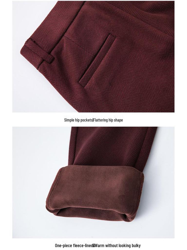 High-Waisted Angora Wool-Blend Straight-Leg Pants - Red, Thickened for Winter 2024