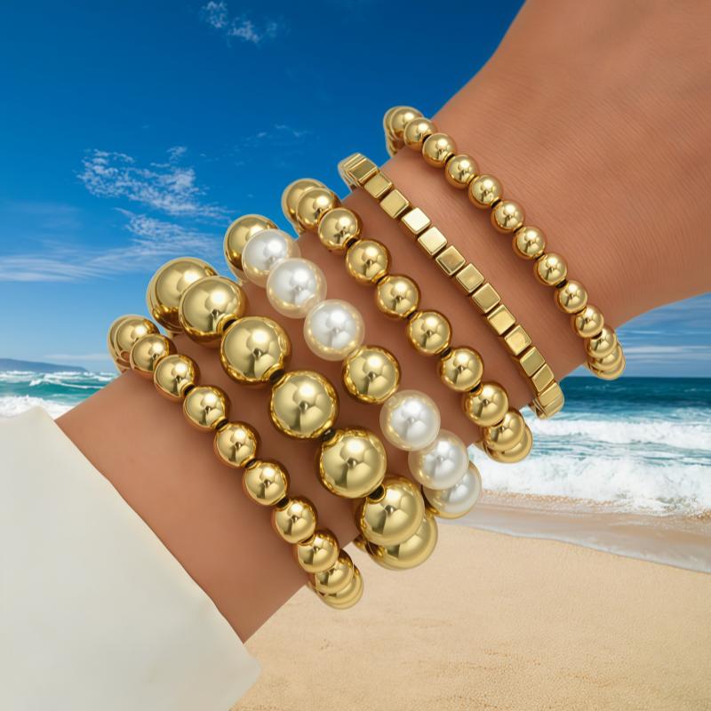 6Pcs/Set Fashion Gold Color CCB Bead Bracelets Vintage Imitate Geometric Bracelet For Women Daily Wear Jewelry