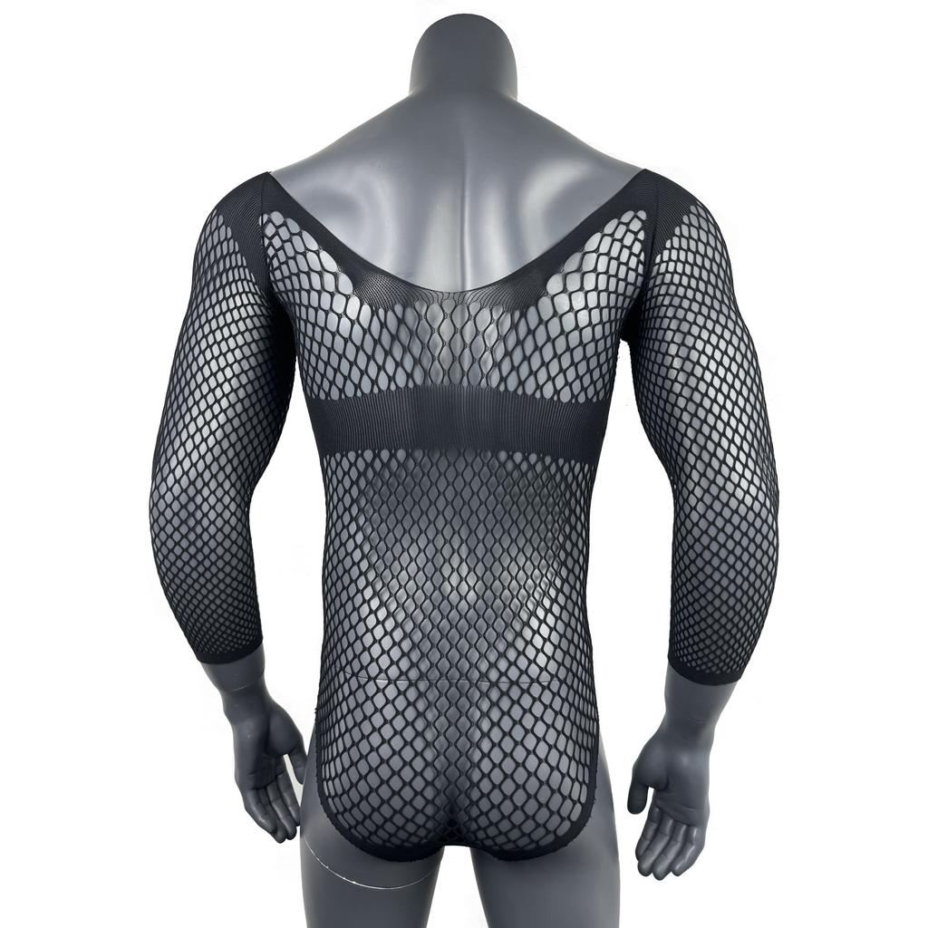 Men's Sexy One-Piece Elastic Lingerie Fishnet Gay Long-Sleeved Hip Tights V Neck Black Erotic Clothes