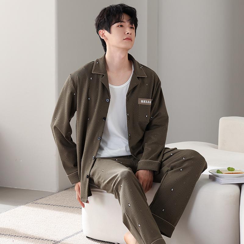 Autumn Pajamas Men'S Spring And Autumn Pure Cotton Long-Sleeved Dad Loungewear Men'S Cotton Large-Size Suit