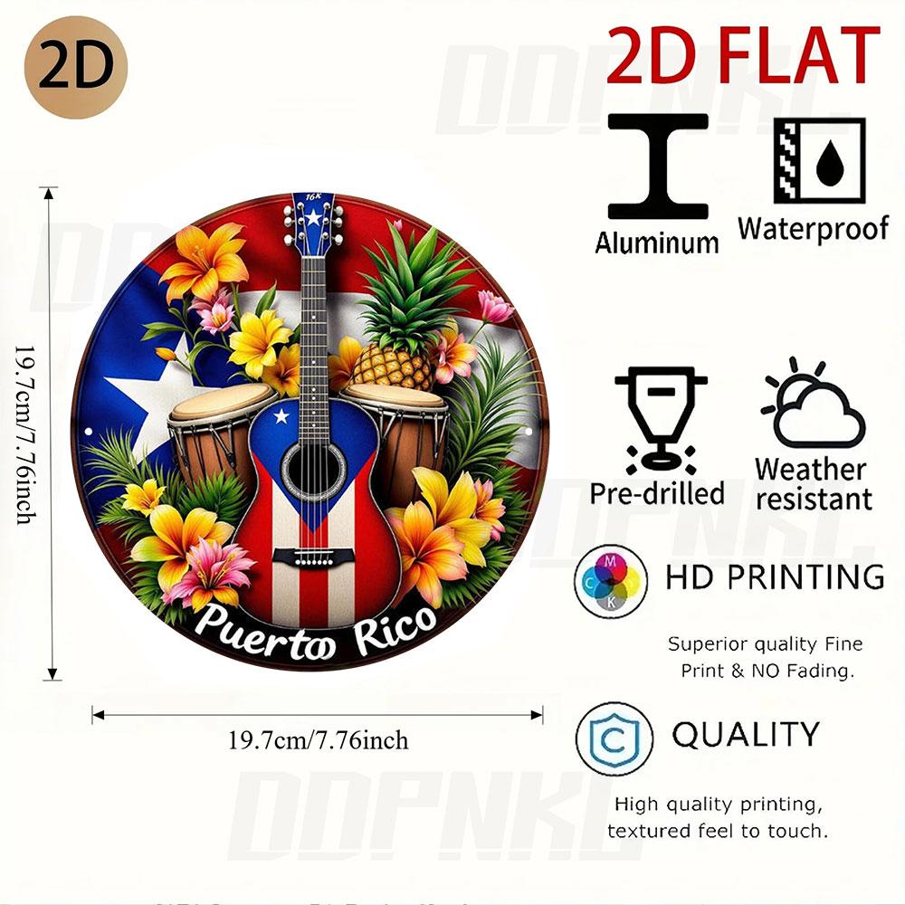 1pc, 2D Wall Art- Puerto Rico Cultural Decorative Plate Painting- Vintage Metal Round Aluminum Sign,Suitable Bedroom and Living