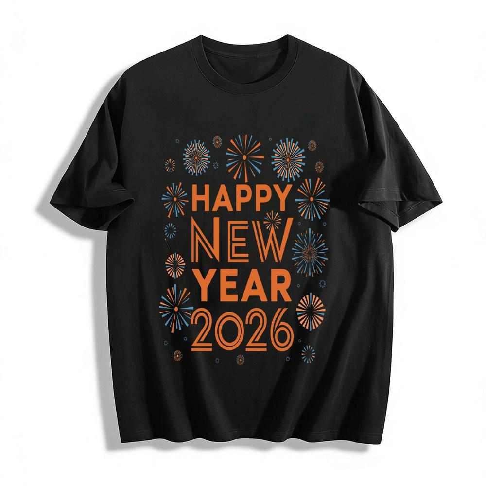 2026 Happy New Year Firework Print Casual Festival Vibe Top Pure cotton T-shirt XXS